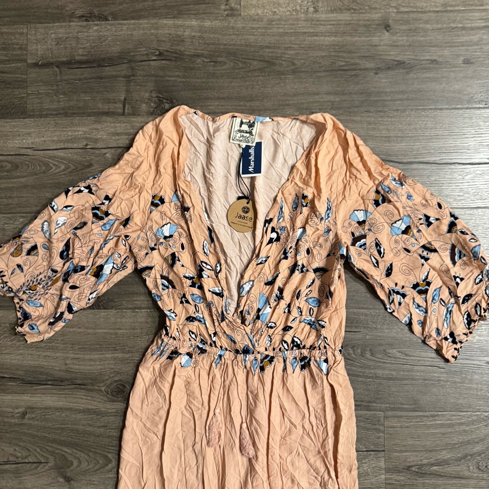 Anthropologie Jaase Floral Dandelion Wide Leg Jumpsuit Peach Blue Size XL Women - Picture 8 of 13